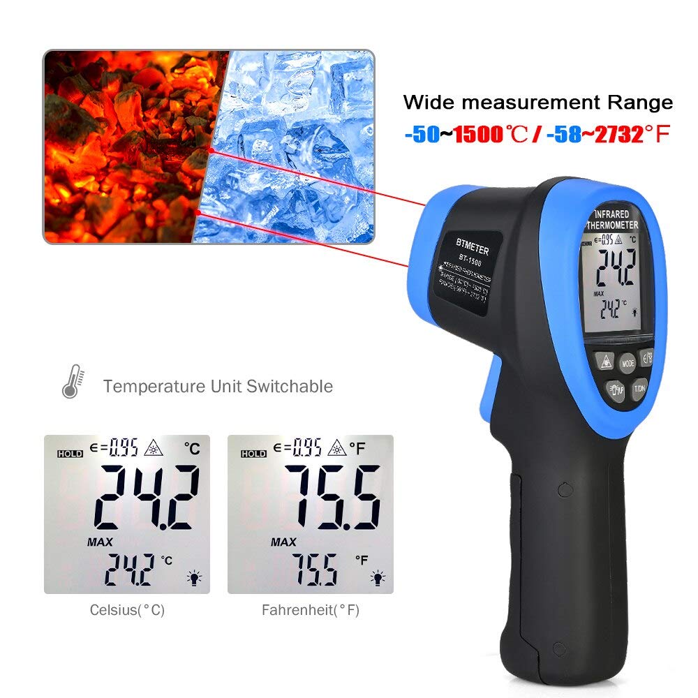 Industrial Laser Temperature Gun - ไพโรมิเตอร์แบบเลเซอร์อุณหภูมิสูง30:1อุณหภูมิเครื่องวัดอุณหภูมิอินฟาเรดอุณหภูมิ IR ดิจิตอล BT-1500-50 ℃ ถึง1500