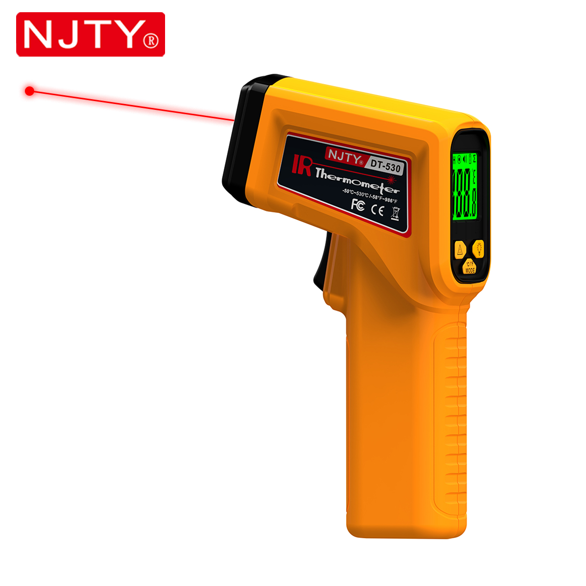 Industrial Laser Temperature Gun - NJTY เครื่องวัดอุณหภูมิอินฟราเรดเลเซอร์ปืนอุณหภูมิแบบไม่สัมผัสอุตสาหกรรมที่แม่นยํา -50~530 ° C จอแสดงผล