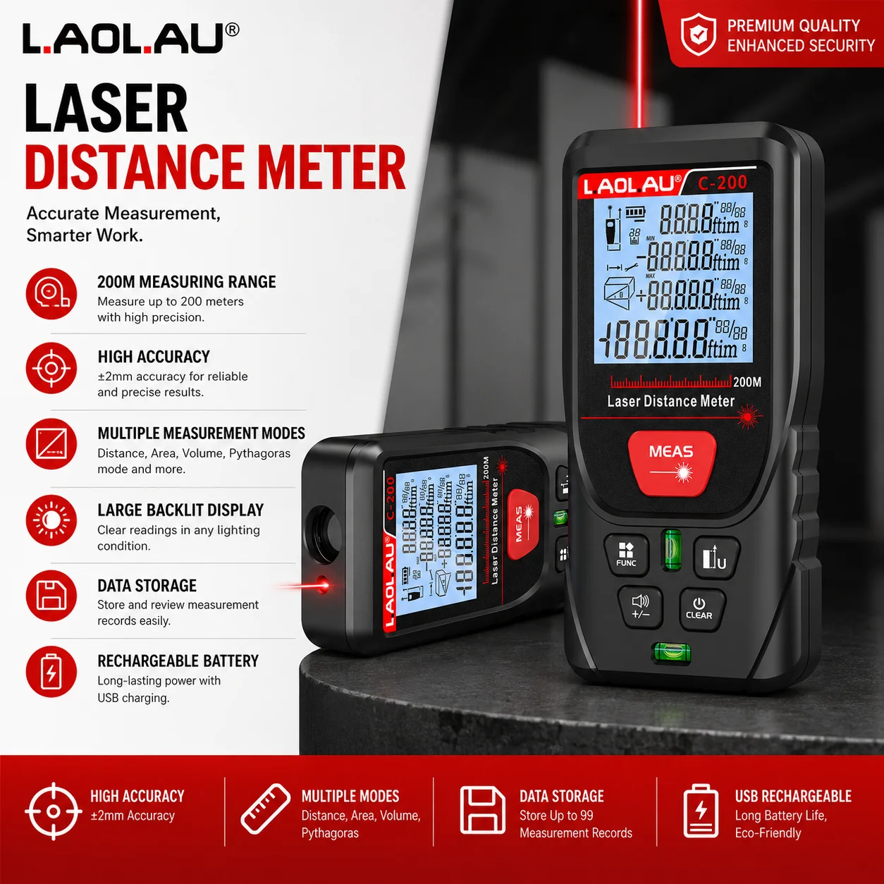 Industrial Laser Rangefinder - LAOLAU เครื่องวัดระยะด้วยเลเซอร์แบบดิจิตอล เครื่องวัดลำแสงเลเซอร์สีแดง/สีเขียว เครื่องมือวัดความแม่นยำสูง หน้าจอเรืองแสง IP54