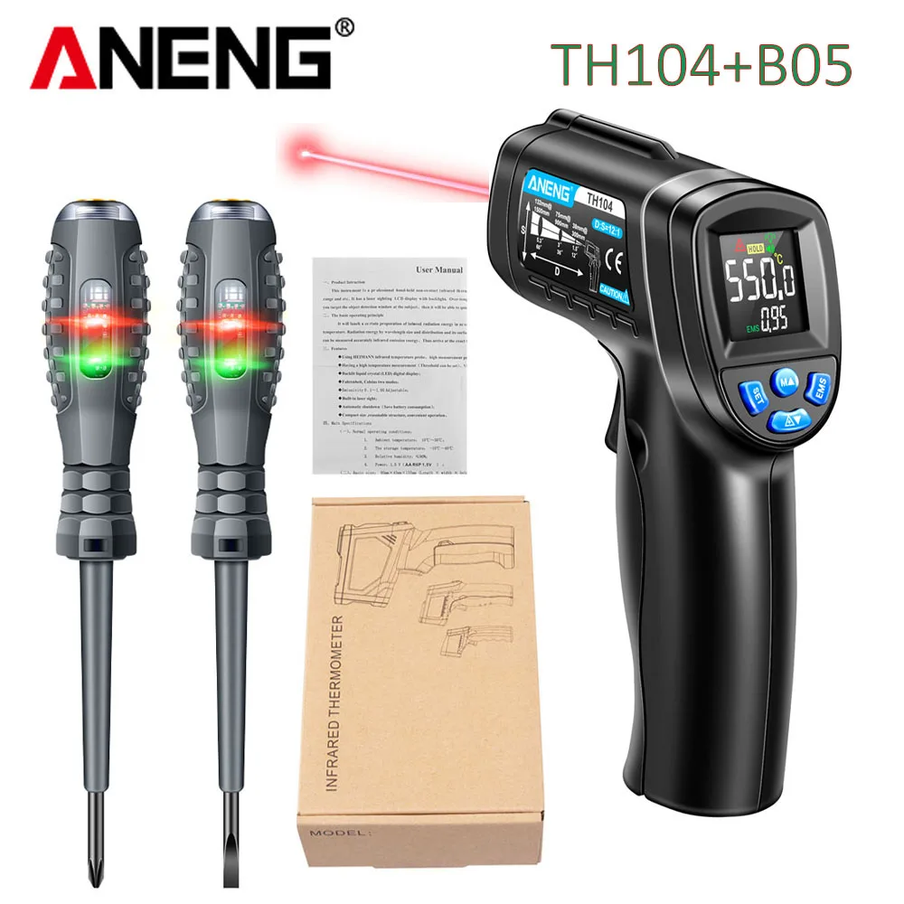 Industrial Laser Temperature Gun - เครื่องวัดอุณหภูมิอินฟราเรด เครื่องวัดอุณหภูมิแบบเลเซอร์สีแดงสำหรับอุตสาหกรรม หน้าจอ VA ไพโรมิเตอร์ ANENG