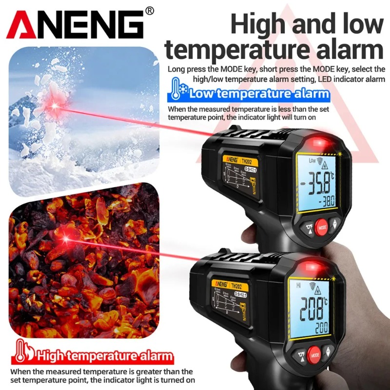 Industrial Laser Temperature Gun - เครื่องวัดอุณหภูมิอินฟราเรดแบบไม่สัมผัส ANENG TH202 สำหรับอุตสาหกรรม แบบมือถือ พร้อมเลเซอร์